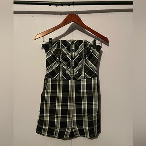 Bebe Monochrome Plaid Strapless Corseted Romper